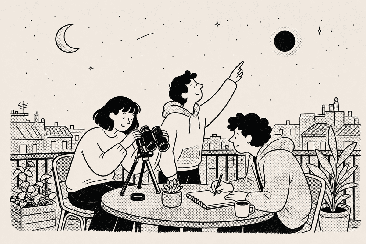 Friends on a balcony prepare binoculars and a notebook while the evening sky darkens above the rooftops