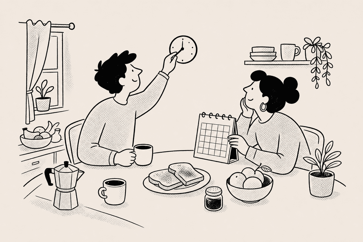 A person at a breakfast table adjusts a wall clock while another checks a small calendar beside a mug