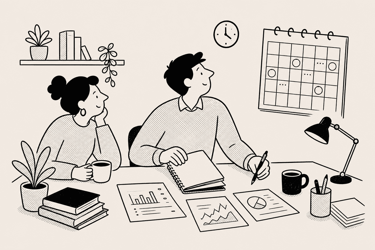 A person reviews a household budget and market notes at a desk while a financial news page sits open nearby