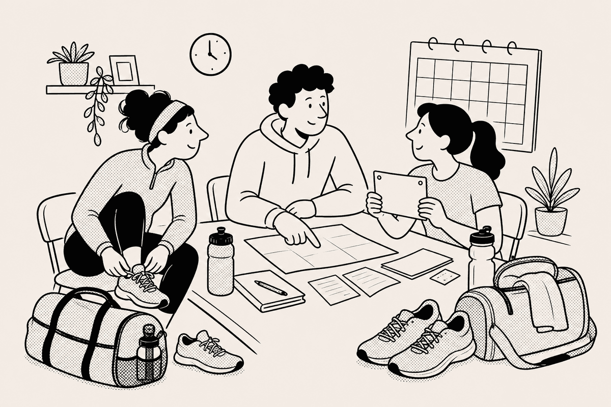 Runners compare travel notes and race bib paperwork at a kitchen table with shoes beside their bags