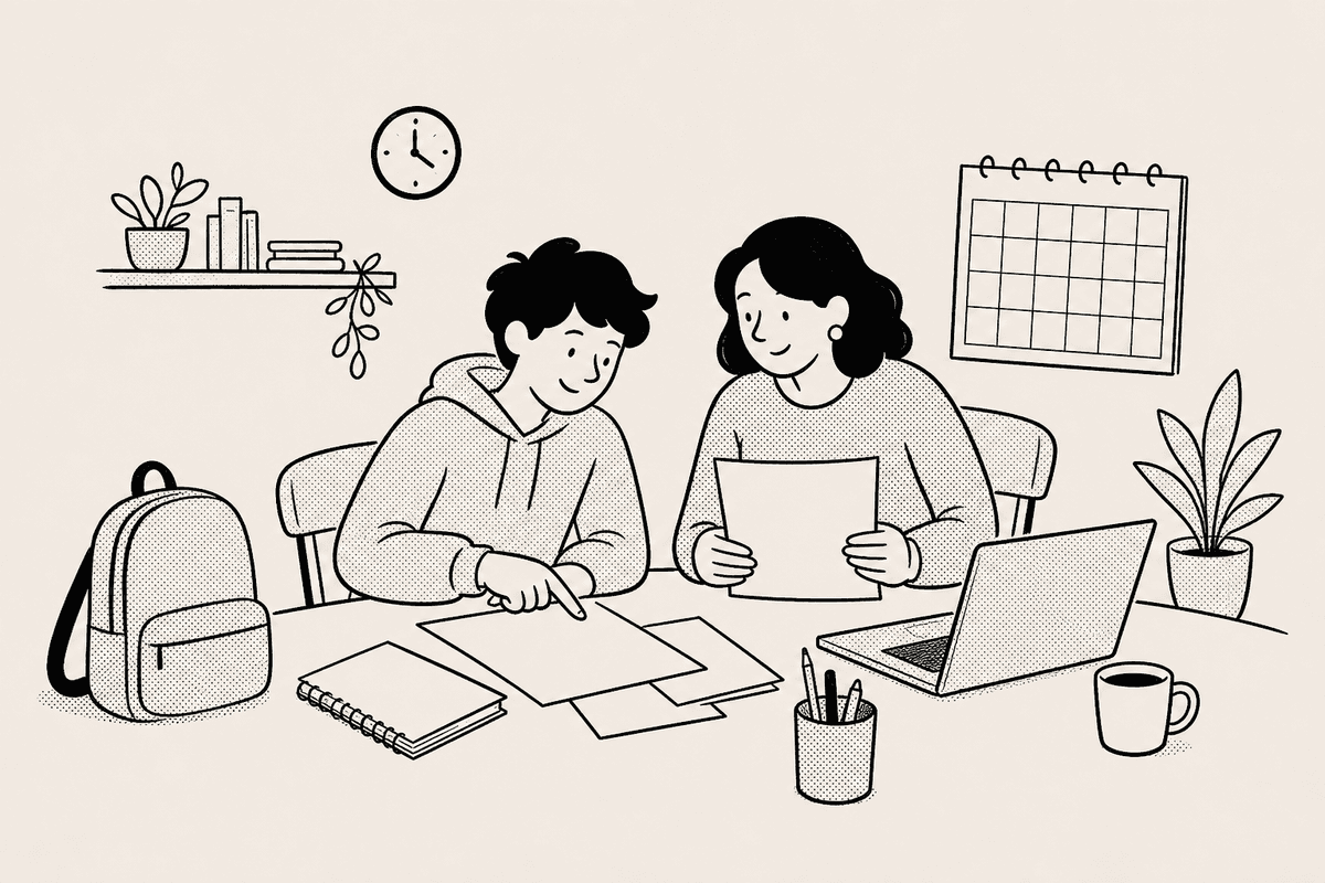 A student and parent review blank planning sheets at a dining table with a laptop open beside them