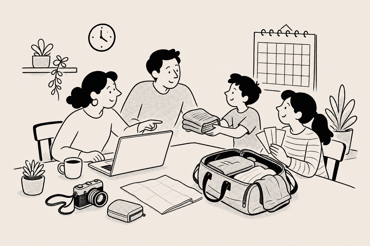 A family at a kitchen table checks a blank calendar grid before booking train tickets and packing a small weekend bag