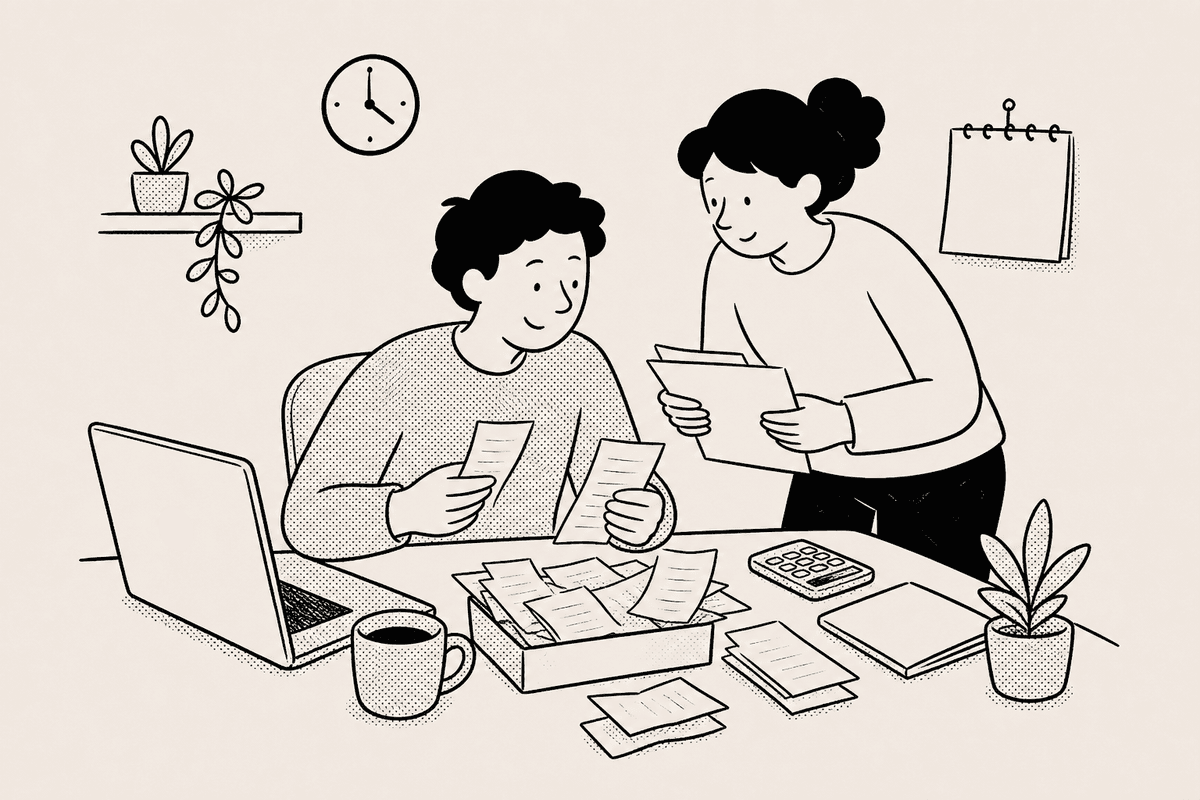 A self-employed person sorts plain receipts at a small desk with a laptop open beside a mug of tea
