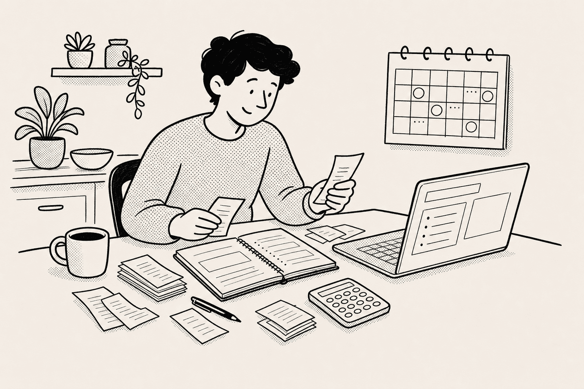 A freelancer sorts receipts and a payment notebook at a kitchen table with a laptop open to a tax account