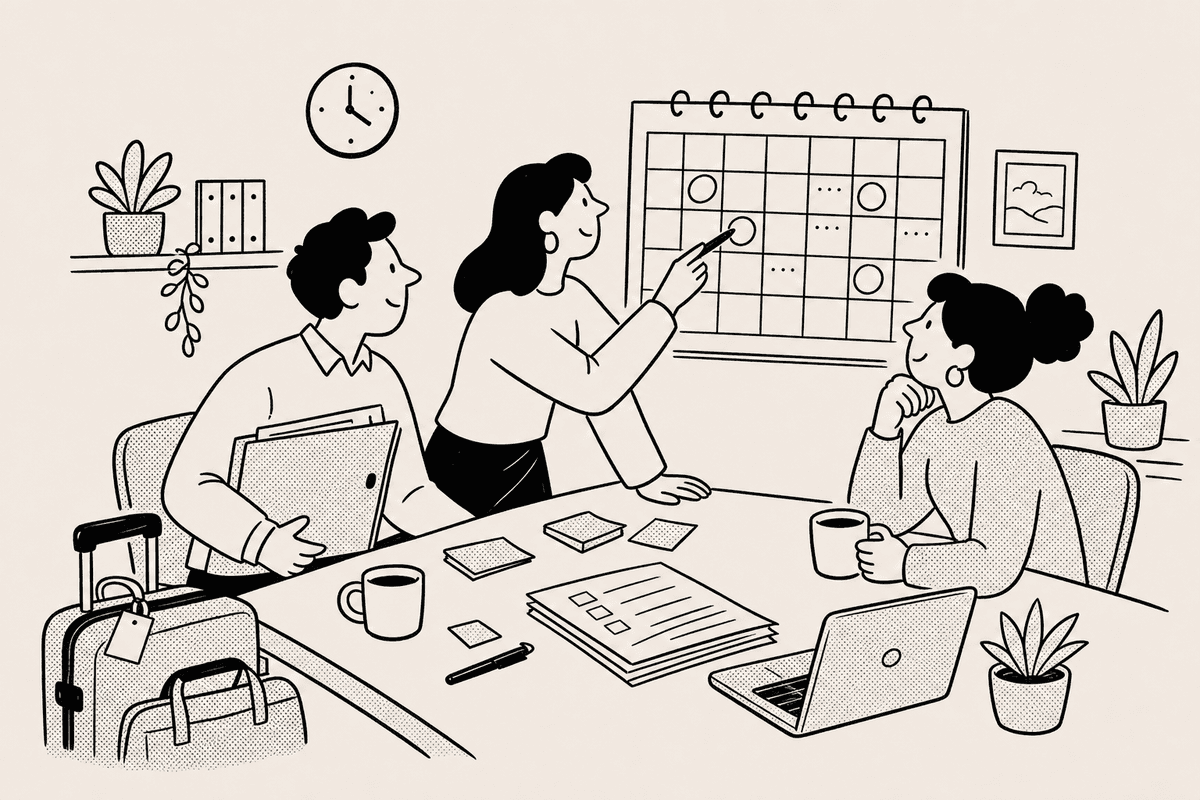 Coworkers compare a shared office calendar before planning leave, payroll, and a family trip around a long weekend