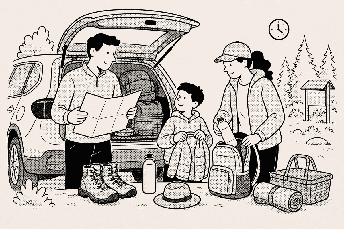 A family checks a trail map at a car trunk while packing water bottles and jackets for a park visit