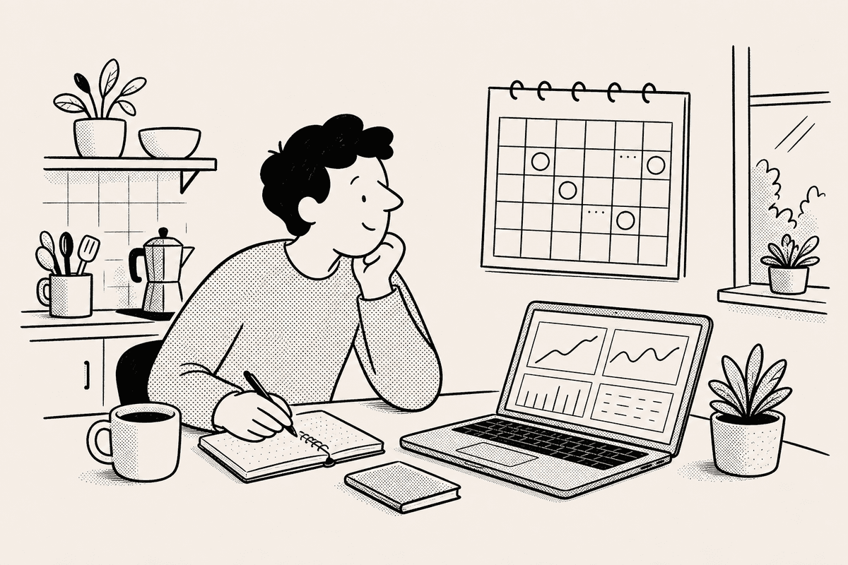 An investor checks a kitchen calendar beside a laptop and a quiet premarket watchlist before the trading day starts