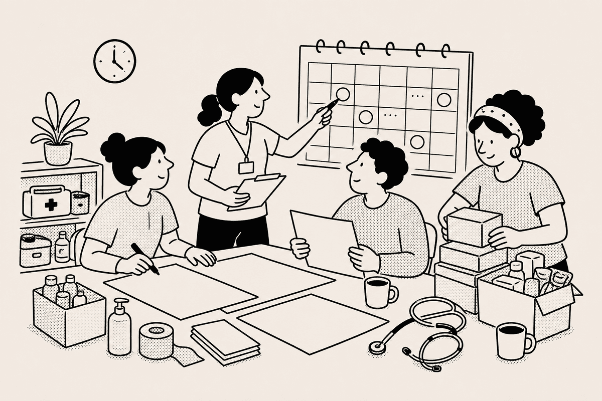 Community health workers gather around a shared calendar while preparing posters and clinic supplies