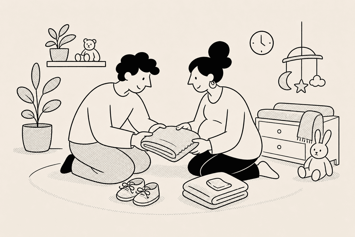 Expecting parents folding a tiny blanket for a baby due date countdown