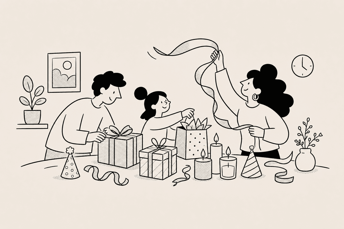 Family decorating with gifts and candles for a birthday countdown
