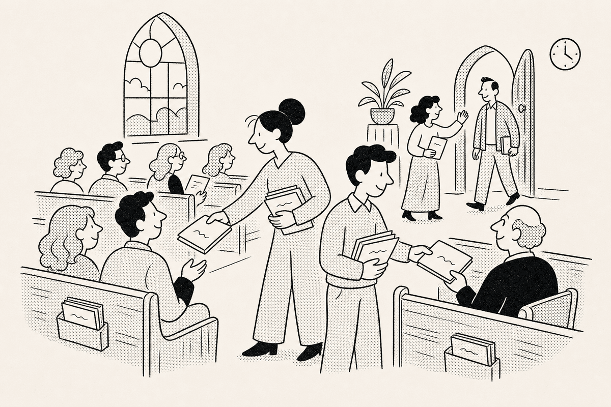 Volunteers arrange songbooks and a welcome sign beside pews for a countdown timer for churches.