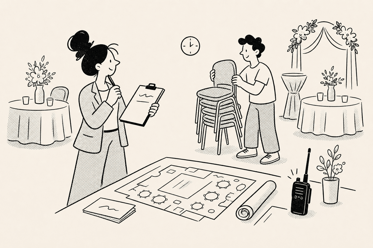 An event planner checks a clipboard near venue plans and a wall clock for a countdown timer for event planners