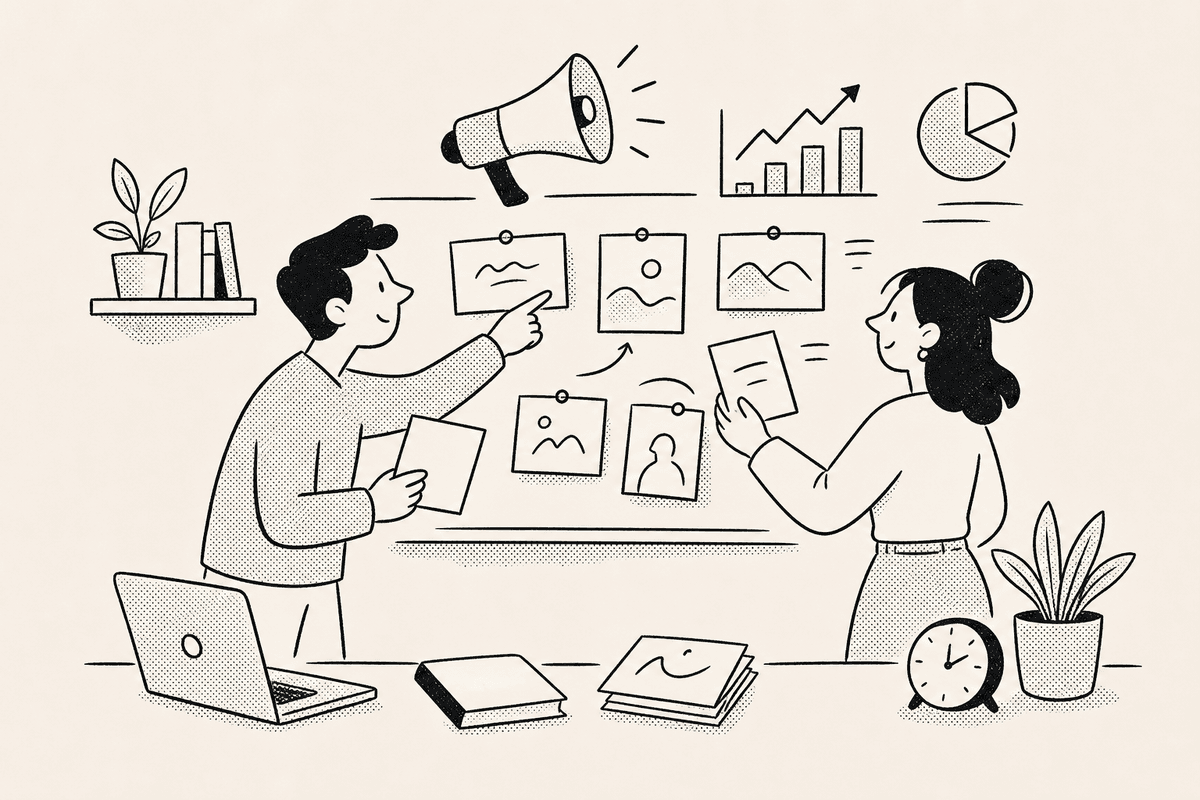 Two marketers arrange campaign cards and a megaphone beside a countdown timer for marketers
