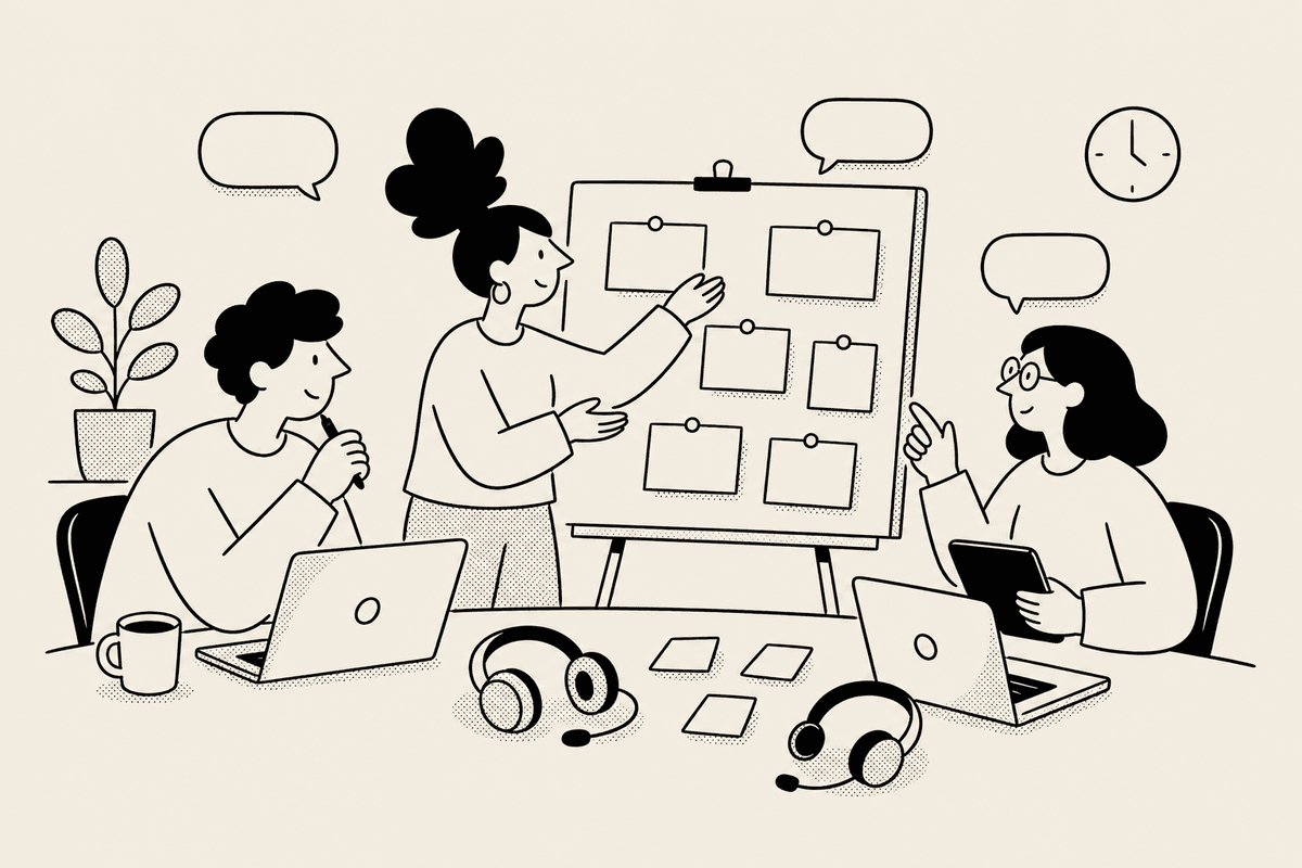 Teammates gesturing around agenda cards for a countdown timer for meetings