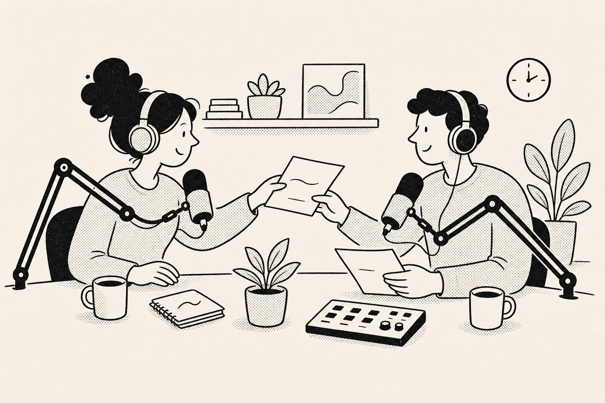 Two podcasters trade show notes across a table while microphones, headphones, and a countdown timer for podcasters sit nearby