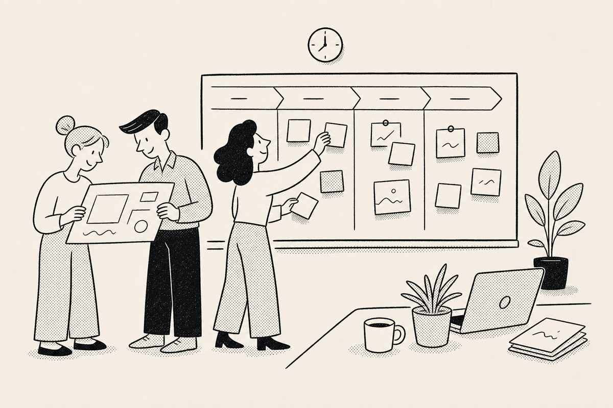 A project manager moves sticky notes across a kanban board while teammates review a countdown timer for project managers