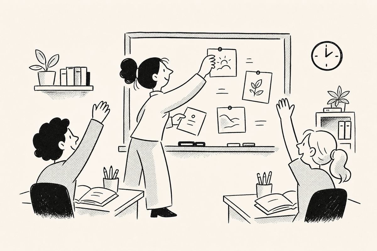 A teacher points to lesson cards beside a countdown timer for teachers while students raise their hands