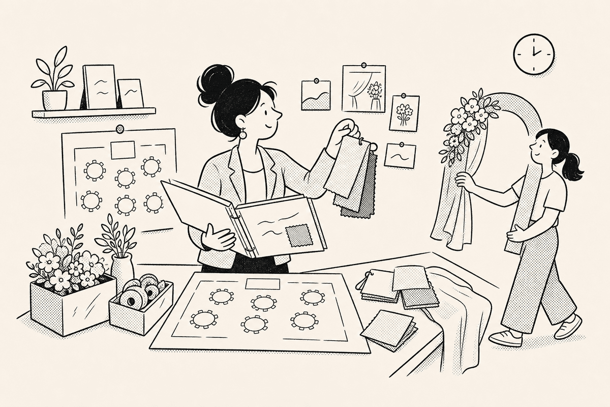 A wedding planner reviews a seating chart and flower boxes for a countdown timer for wedding planners