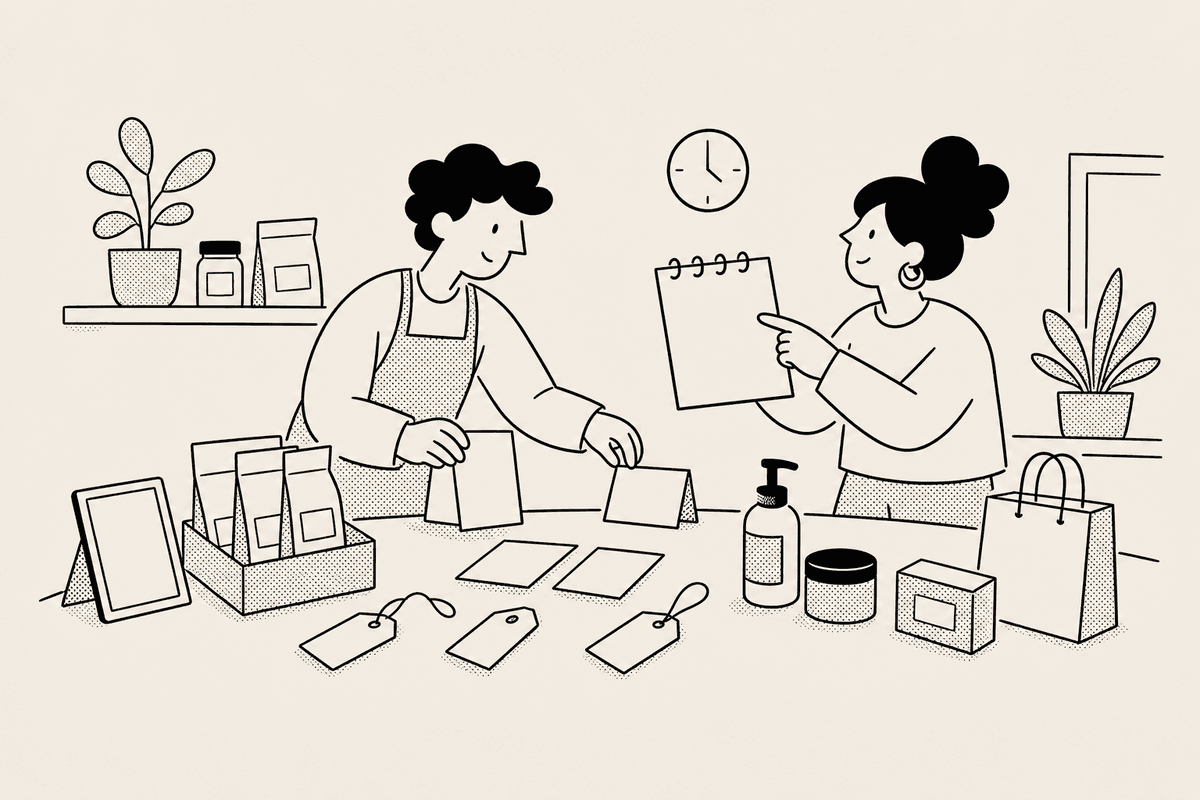 Store owner arranging product cards and tags for a sale countdown timer
