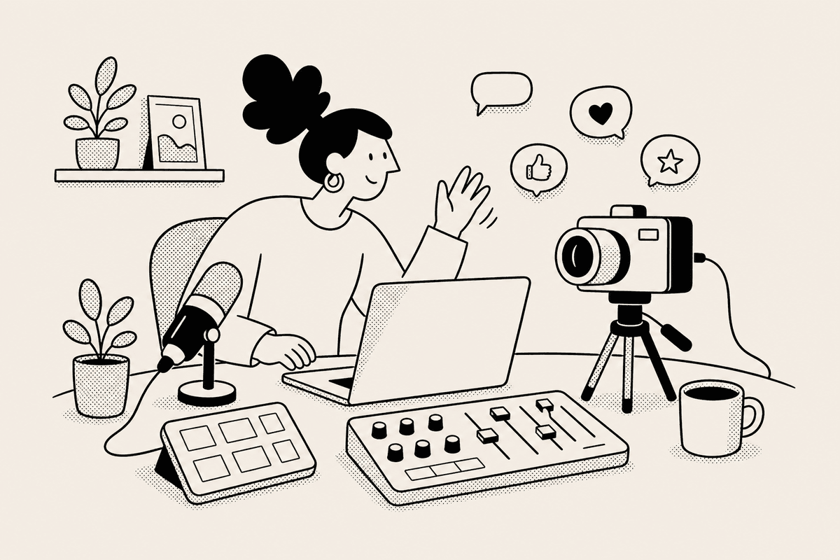 Creator waving to a camera beside controls for a stream countdown timer